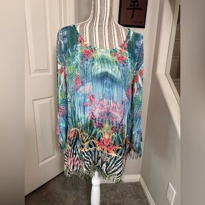 MUSHKA BY SIENNA ROSE TURQUOISE TROPICAL AND ANIMAL PRINT TUNIC FRINGED SIZE M